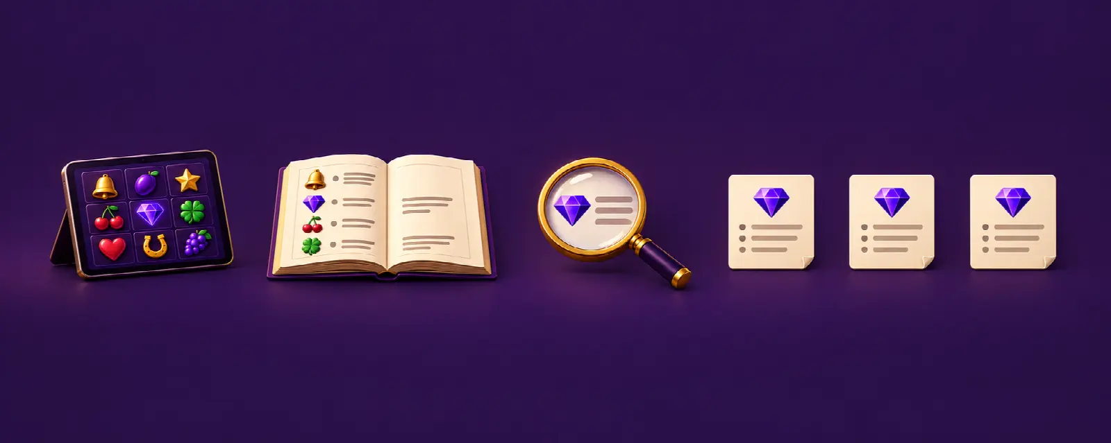 Illustrated game symbols and a rulebook connected to three matching reference documents