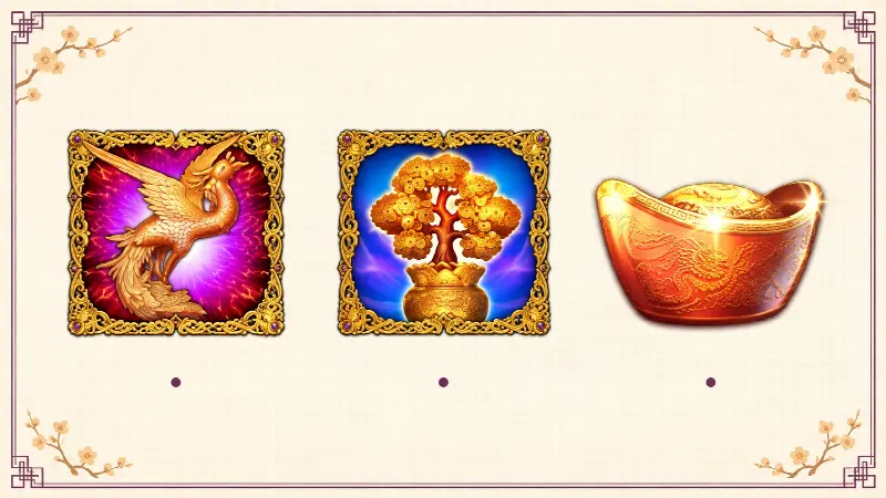 Golden China’s phoenix, coin tree and ingot, rearranged from the game’s rulebook artwork.