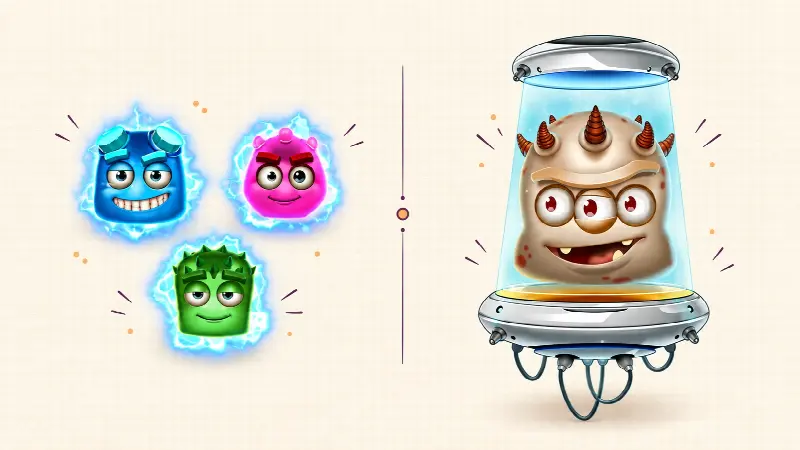 Reactoonz character study using game artwork; the arrangement does not represent a winning cluster.