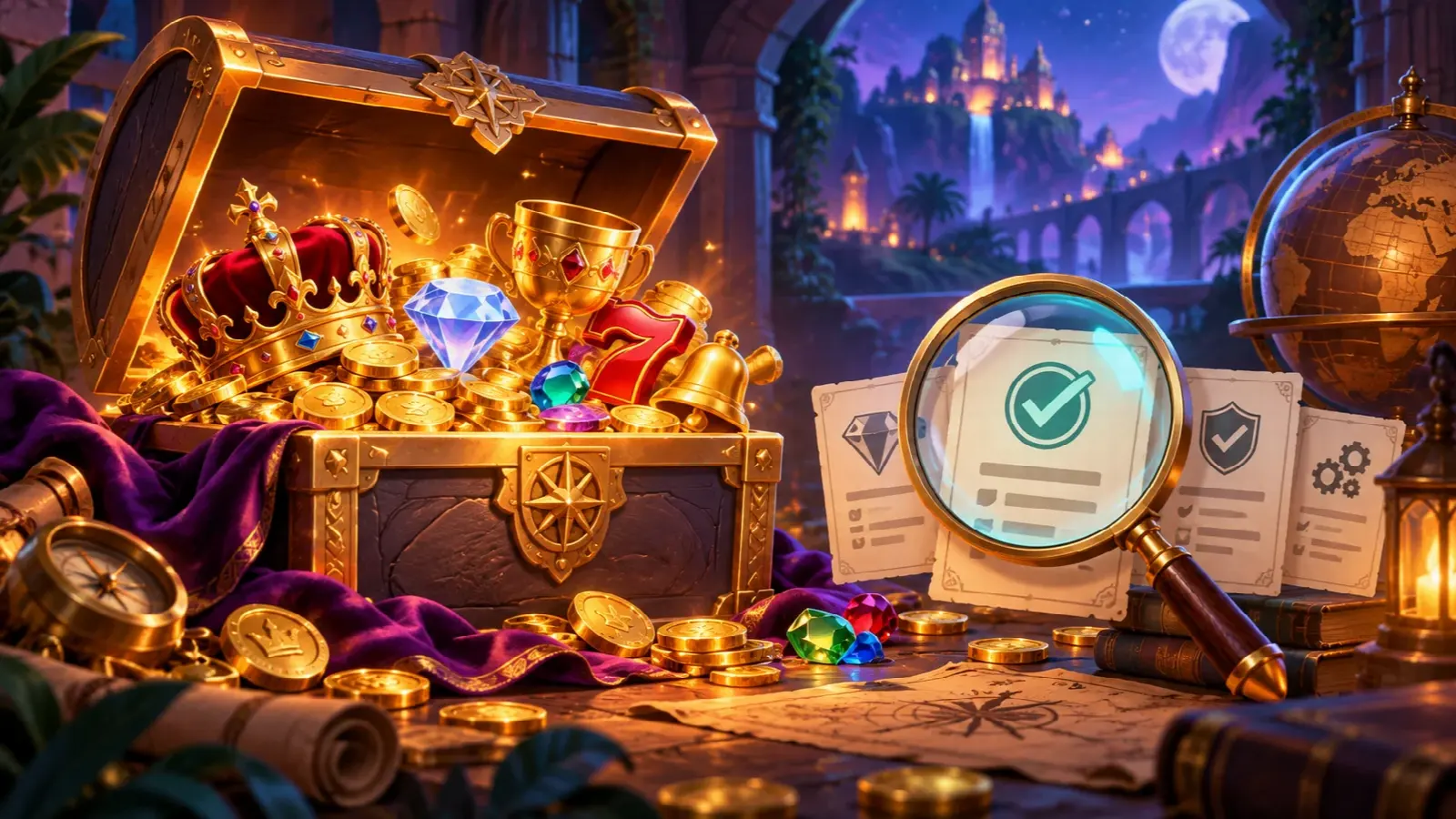 Illustrated jackpot chest and magnifying glass over a record of game details.