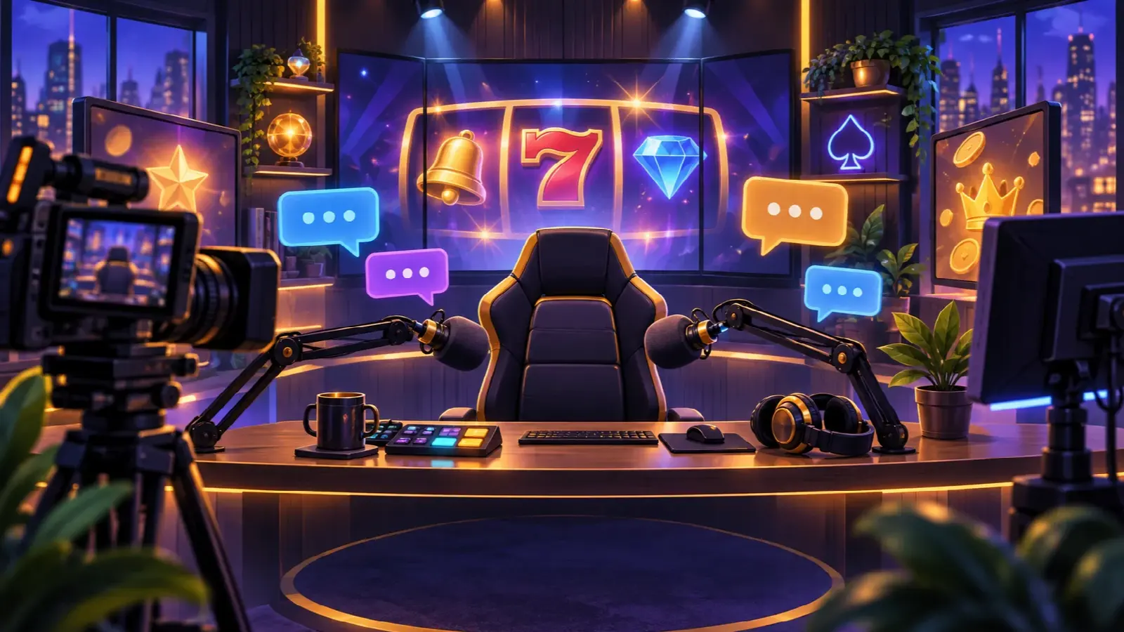 Illustrated streaming studio with microphones, monitors and empty presenter chairs.