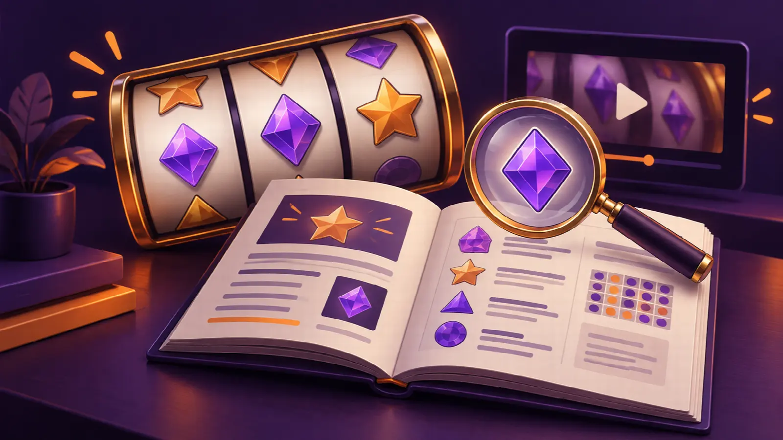 Editorial illustration of a slot, a review book and a video linked by a magnifying glass.