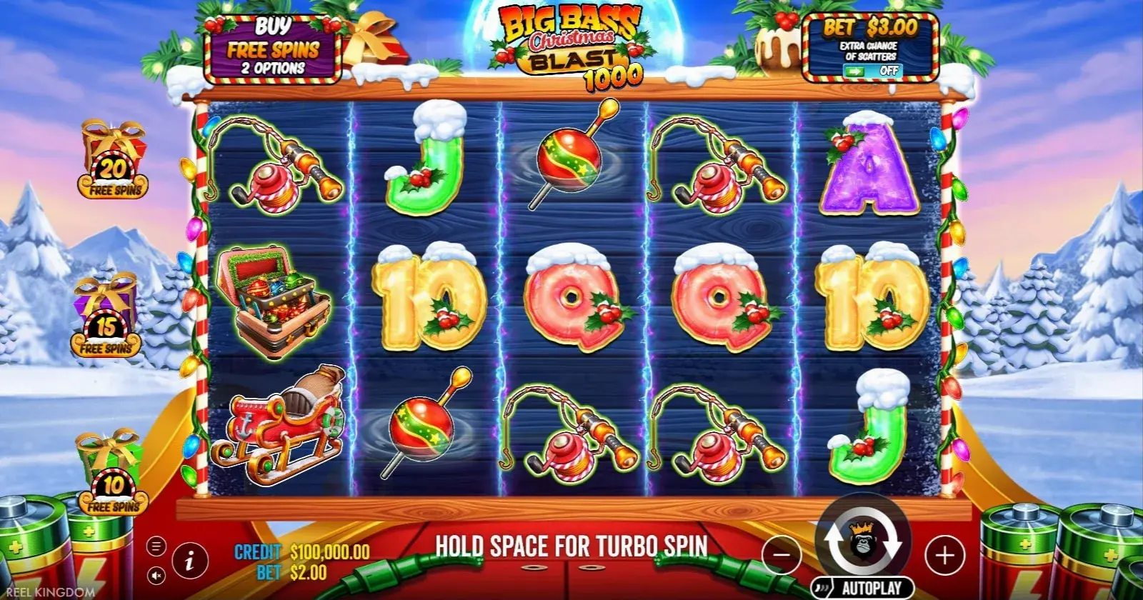 Snowy base game, with Buy Free Spins and the scatter control off.