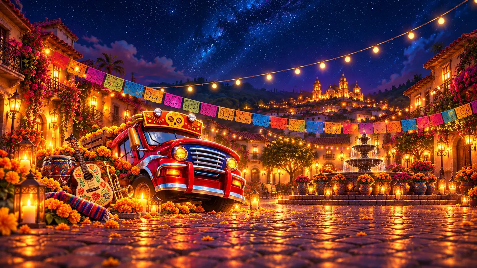 Editorial illustration of Fiesta 1000’s red festival truck among marigolds and illuminated paper banners