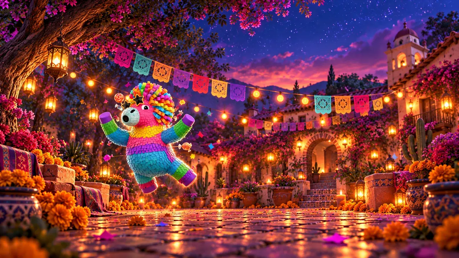 Editorial illustration of Piñata 1000’s rainbow-fringed donkey piñata in a lantern-lit courtyard