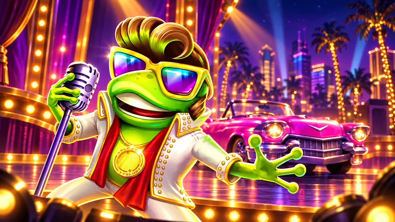 Elvis Frog in Vegas in his white stage outfit with a microphone and pink convertible