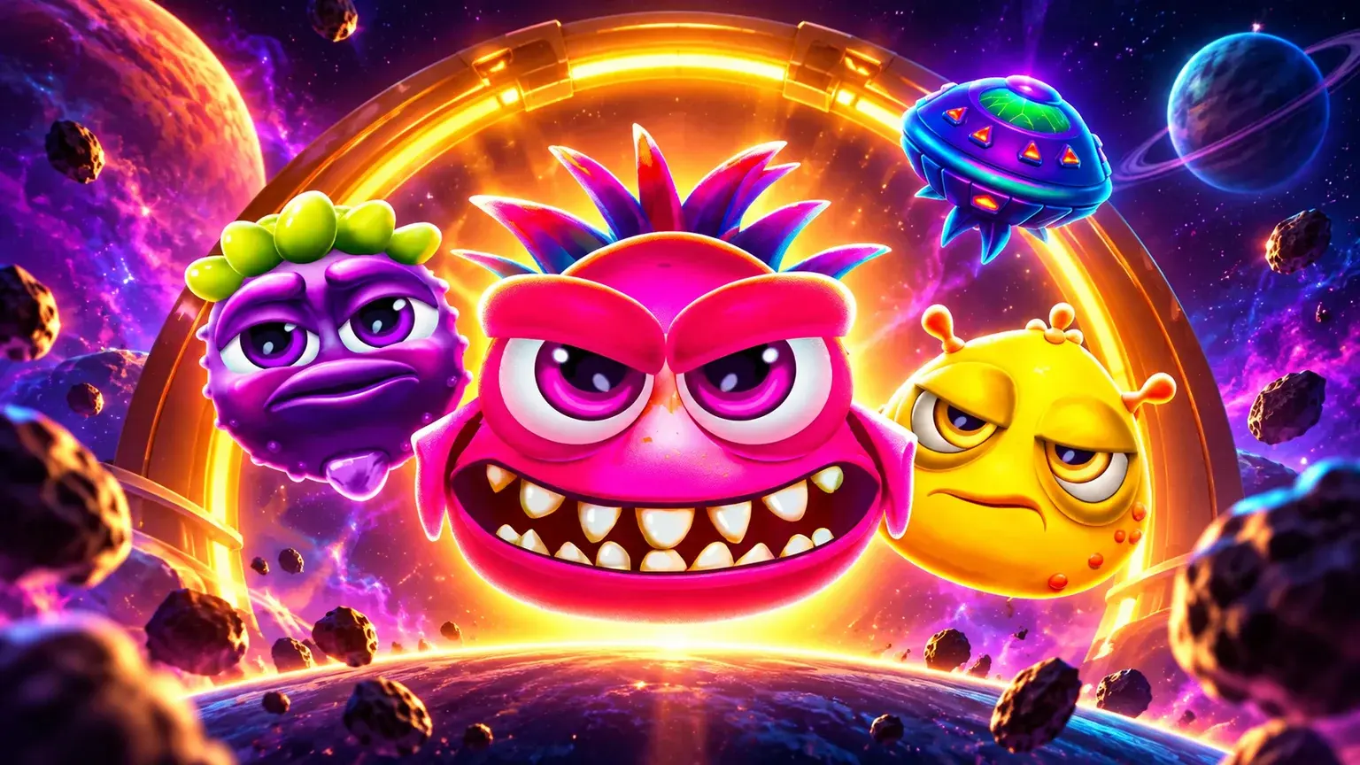 Alien Fruits’ original magenta, purple and yellow characters with their spacecraft