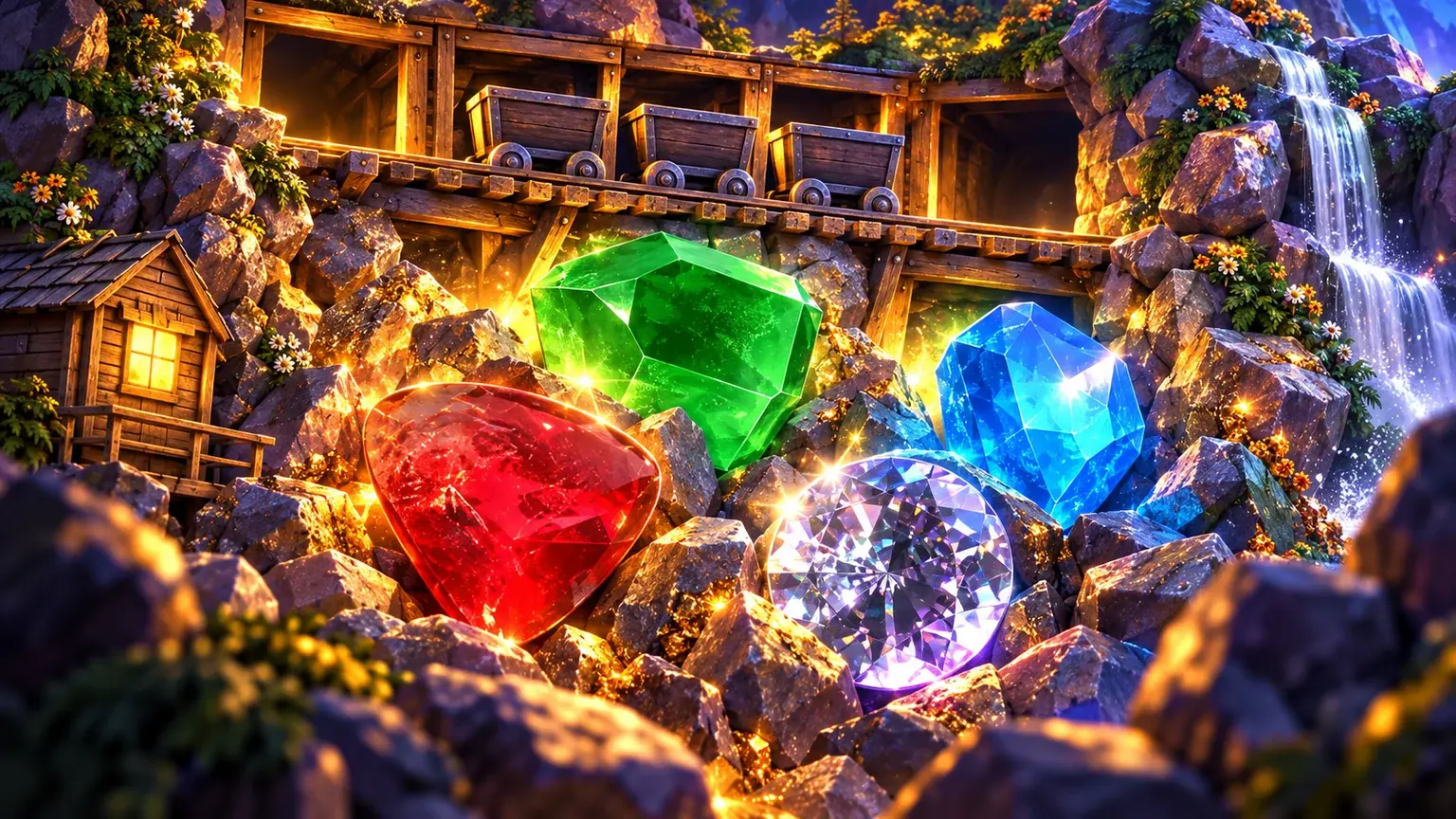 Bonanza’s gemstones and mining elements in an illuminated mine