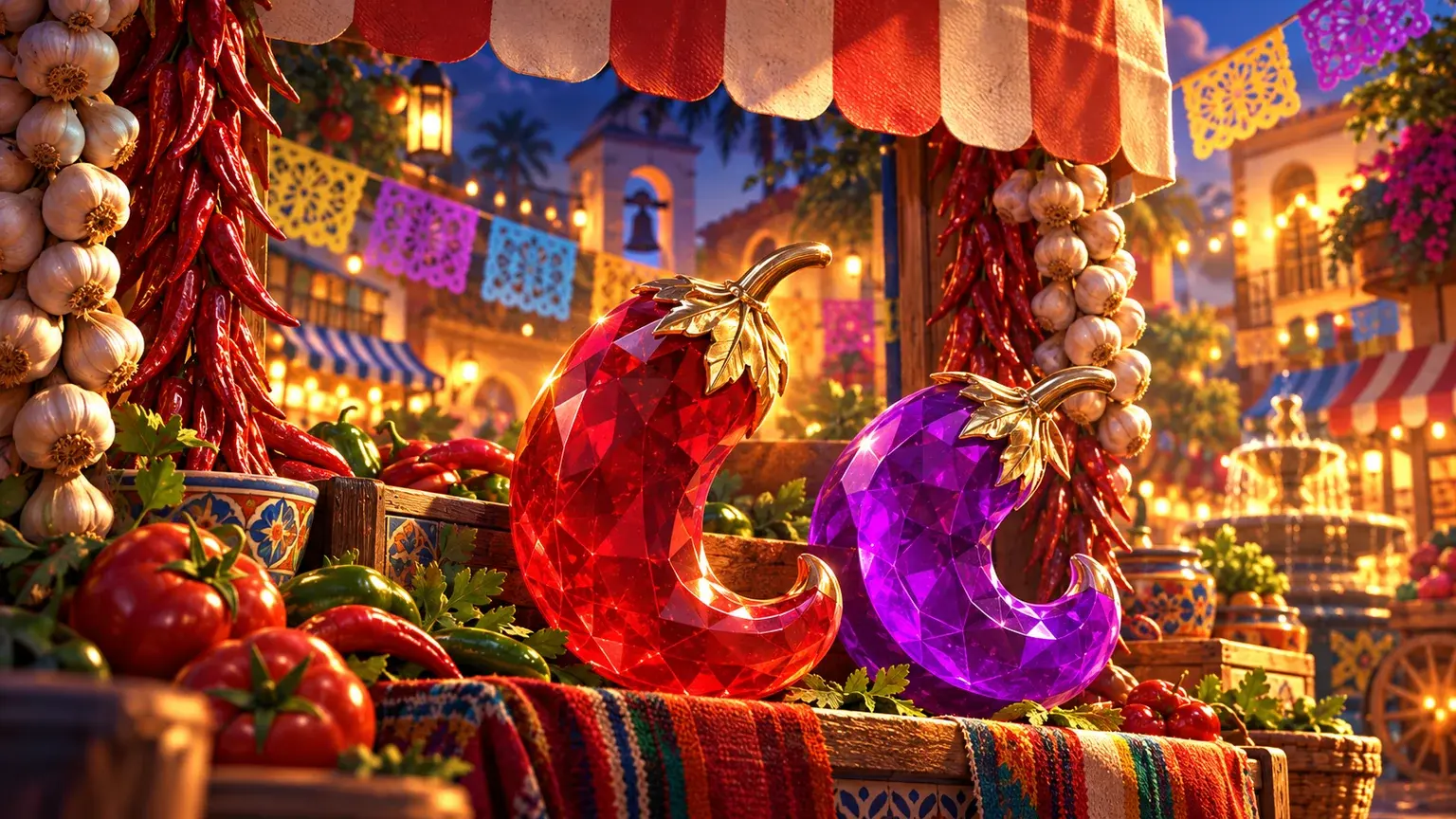 Extra Chilli’s chilli and jewel motifs in a colourful market scene