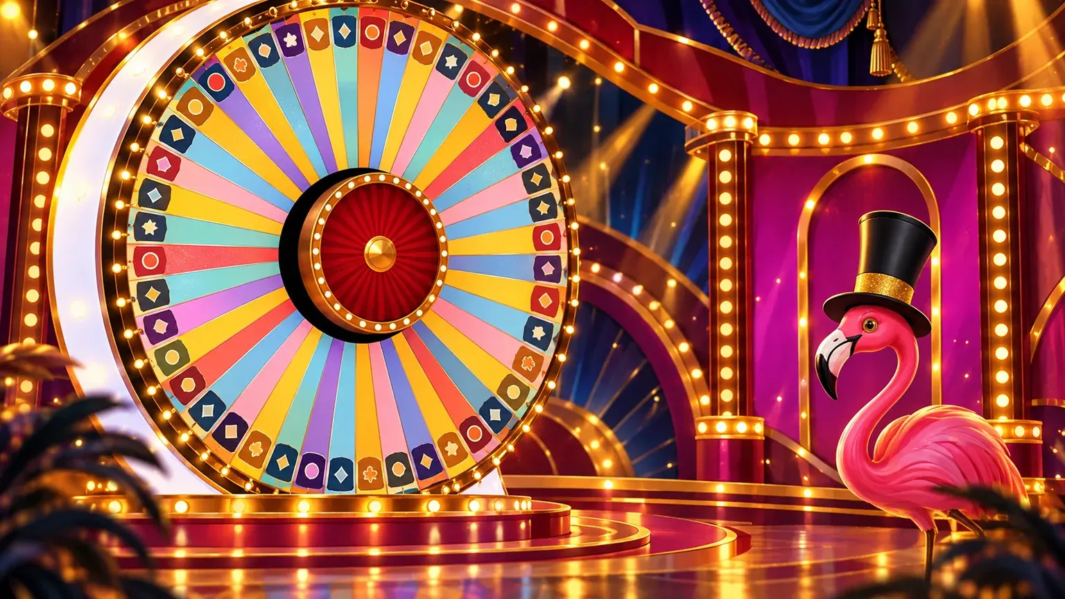 Crazy Time’s multicoloured wheel, flamingo and illuminated studio elements