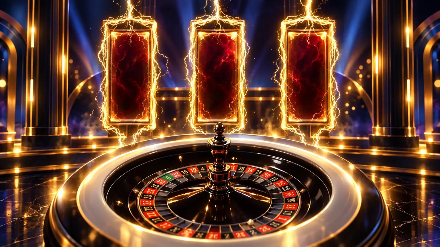 Lightning Roulette’s wheel and black-and-gold lightning panels
