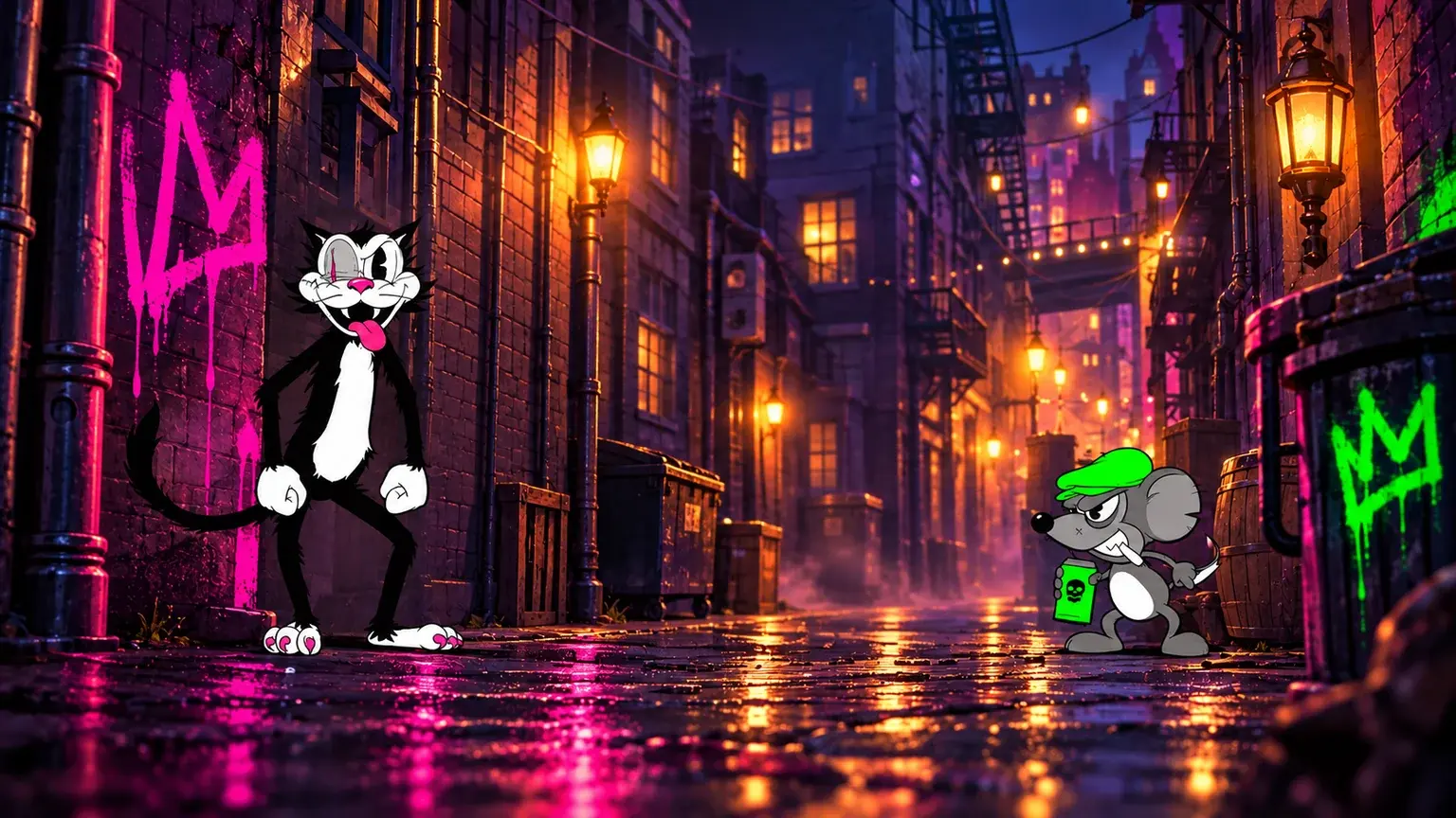 Ro$$ and Maxx from R.I.P. City in the game’s illustrated urban setting