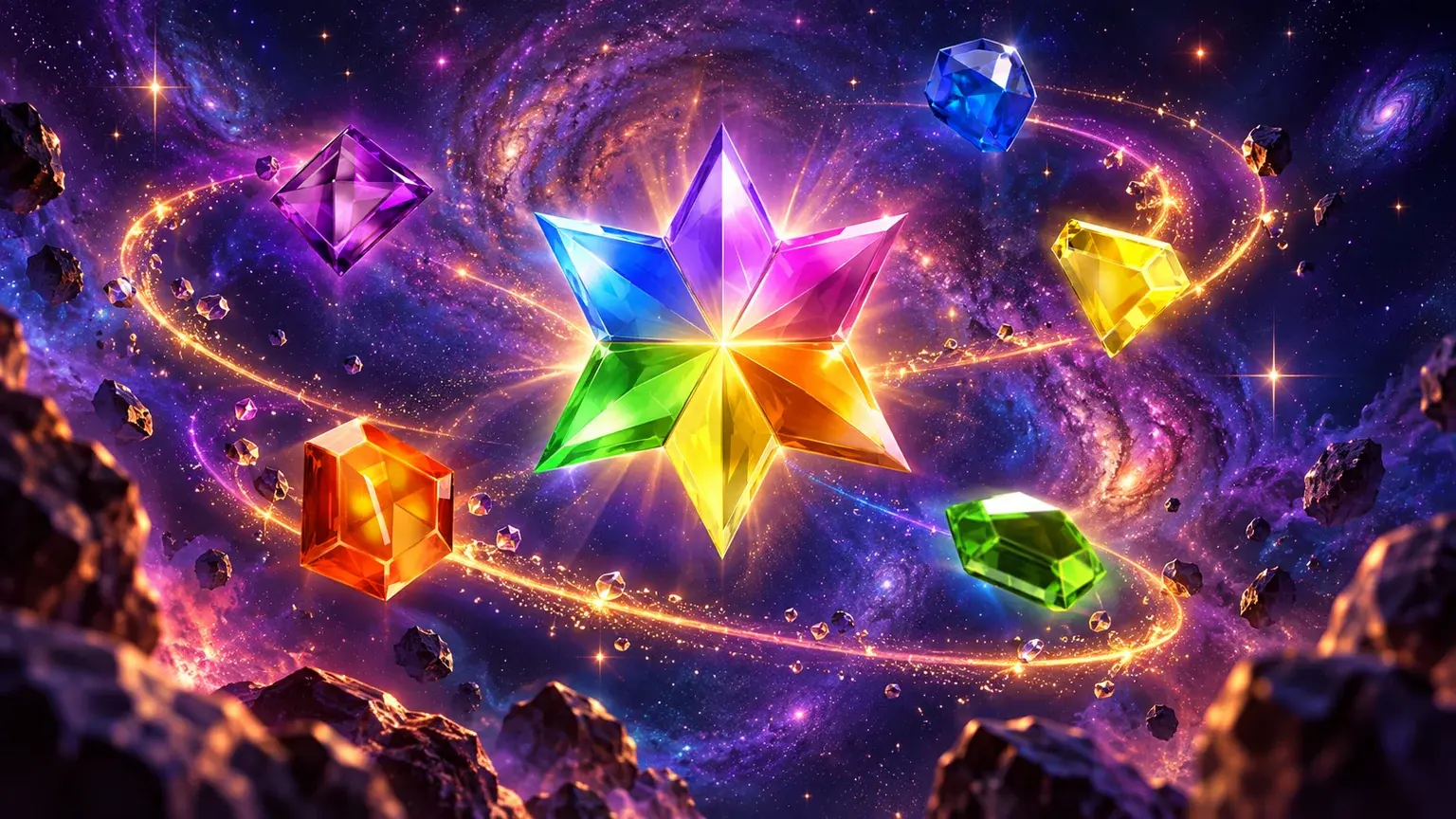 The faceted Starburst star and coloured gems in a deep-blue illustrated setting