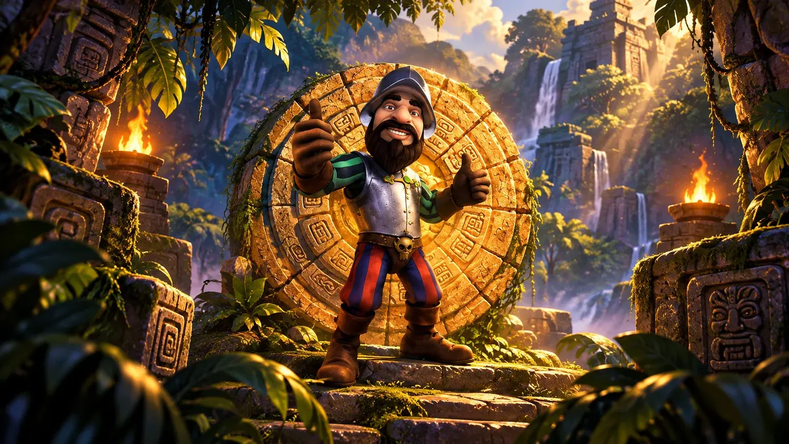 Gonzo in his original explorer outfit beside carved stone blocks