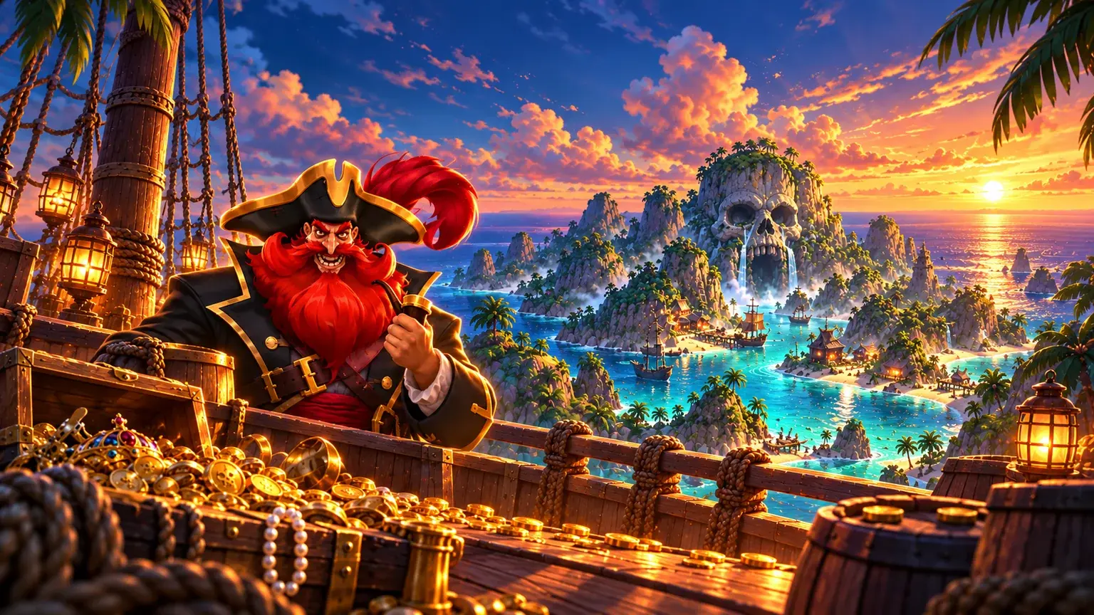 Editorial illustration of Barbarossa’s red-bearded captain on a ship beside a skull-shaped island
