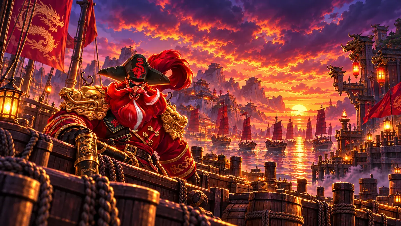 Editorial illustration of the Dragon Empire captain in gold dragon armour at an imperial harbour