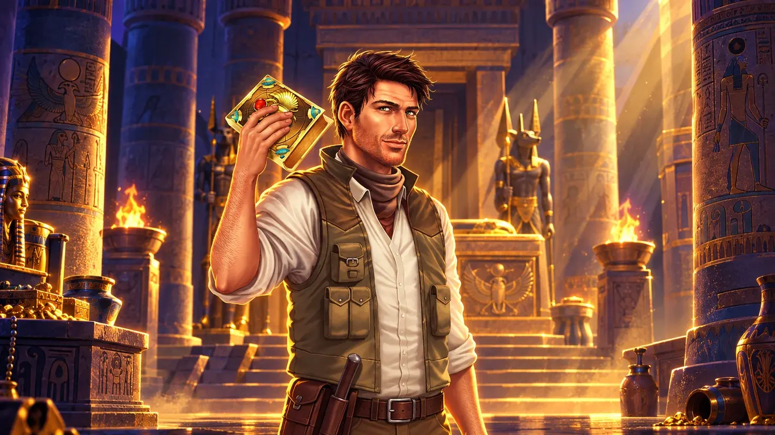 Rich Wilde and the Book of Dead in an illustrated Egyptian adventure scene
