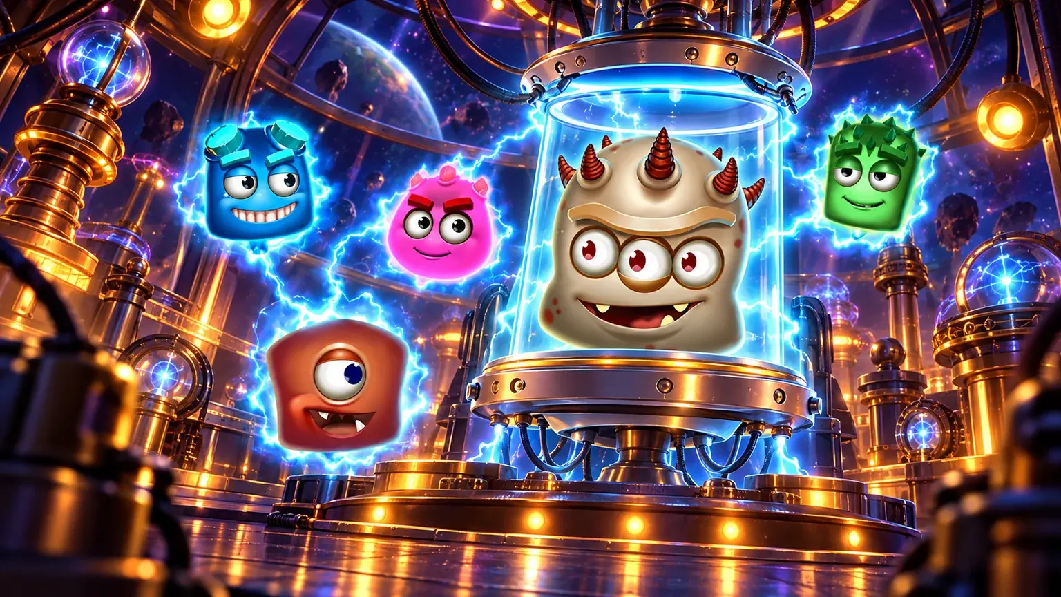 Gargantoon and the original Reactoonz creatures in a luminous alien setting