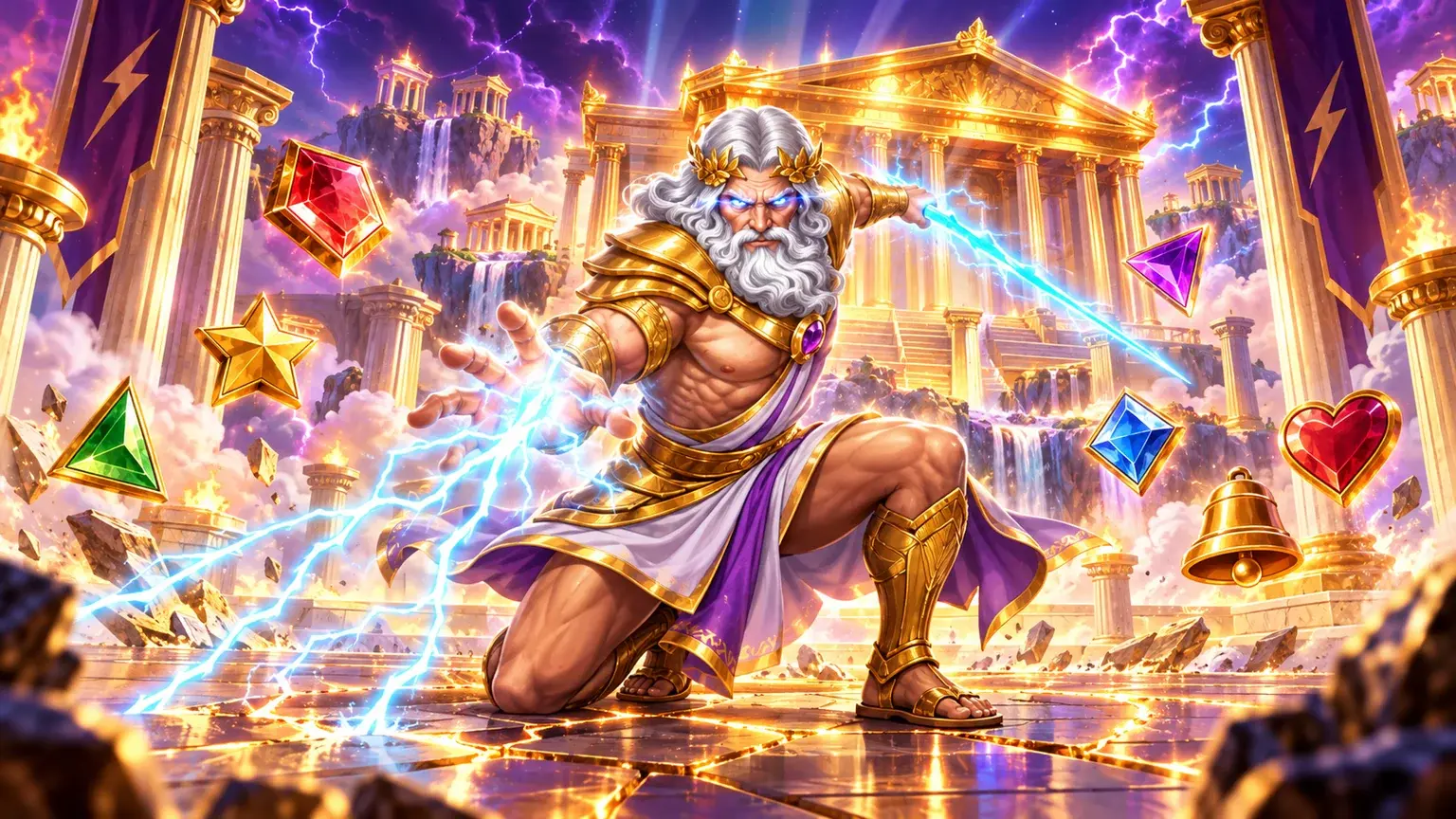 Zeus from Gates of Olympus 2500 against an illuminated Olympian setting