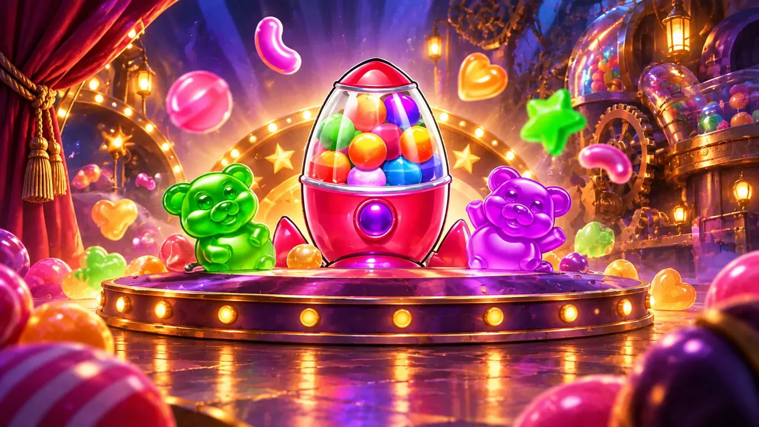 Sugar Rush gummy-bear characters and sweets in a colourful illustrated setting