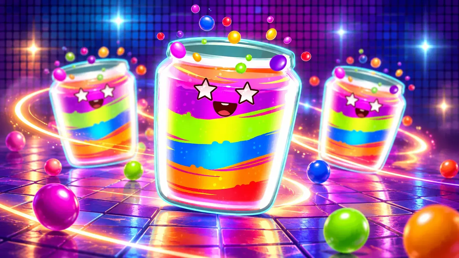 The original rainbow jar with star-shaped glasses in a colourful dancefloor setting
