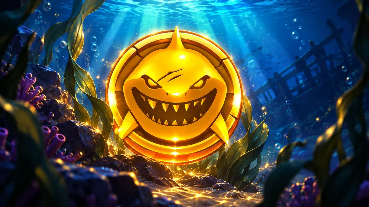 Razor Shark’s gold shark medallion in a blue underwater wreck setting