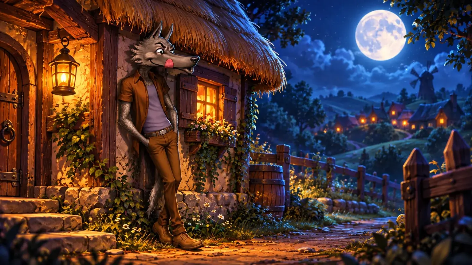 Big Bad Wolf’s original grey wolf in his brown outfit beside a thatched house