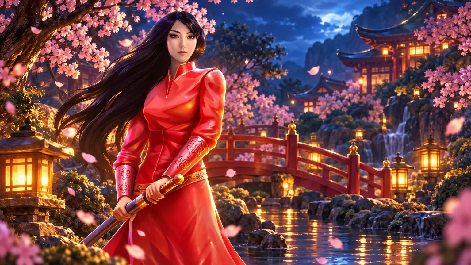 Sakura Fortune’s original red-clad heroine with her sheathed sword among cherry blossoms