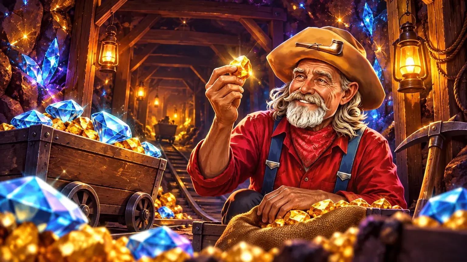 Dynamite Riches’ original prospector examining gold in a timber-braced mine