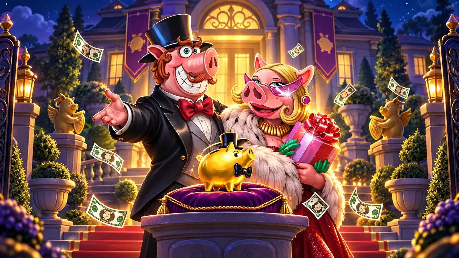 Lady Pig and Gentleman Pig from Piggy Riches Megaways outside their mansion