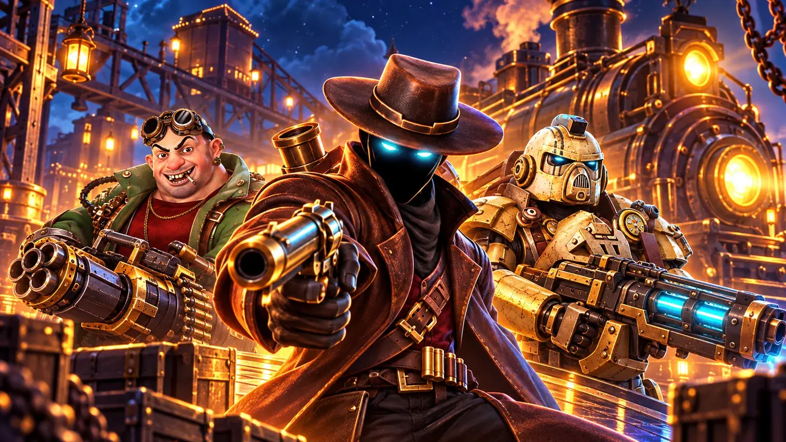 Money Train 5’s original masked gunslinger, goggled character and golden robot beside a train