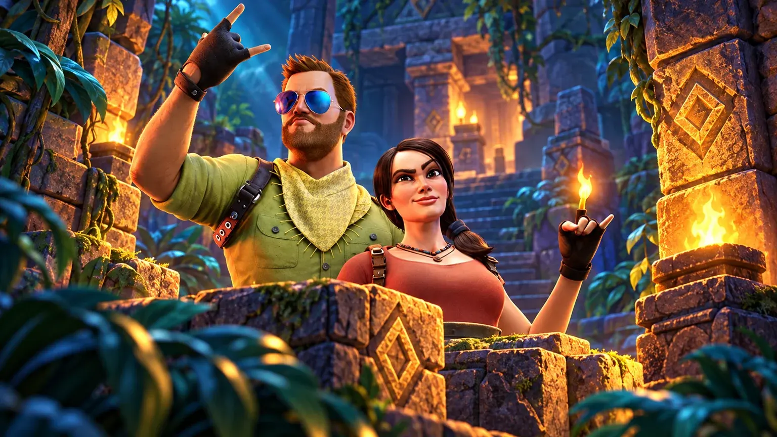The Temple Tumble 2 adventurers exploring illuminated stone blocks