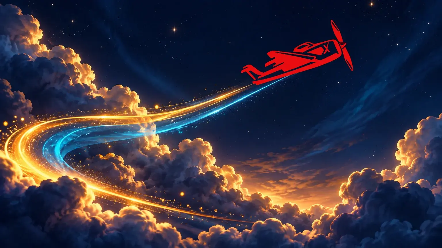 Aviator’s original red aircraft silhouette climbing through a dark illustrated sky