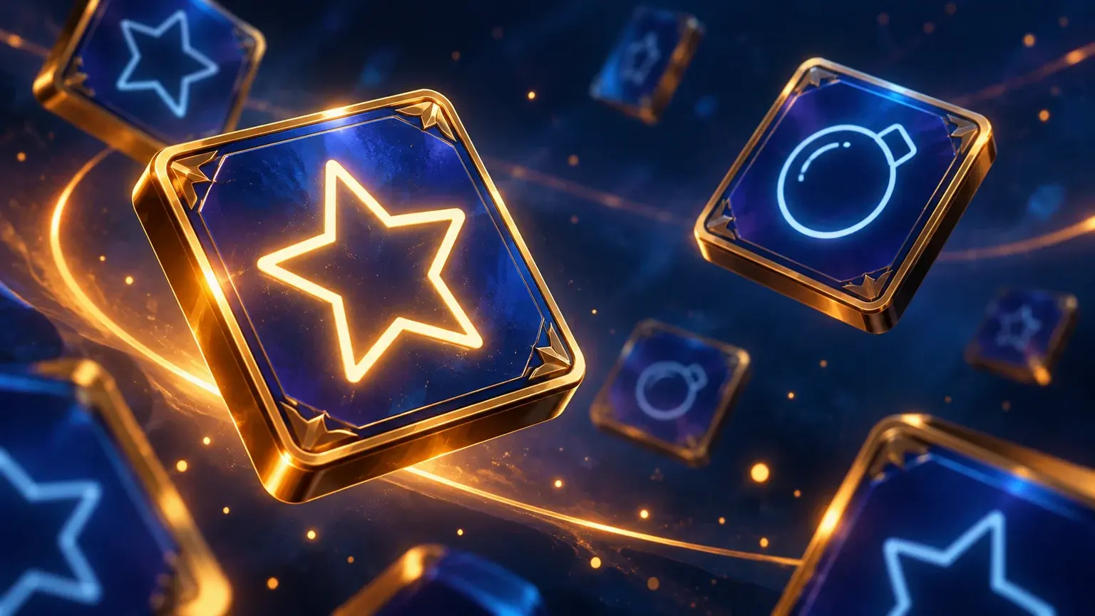 Mines’ original star and mine symbols on blue illustrated tiles