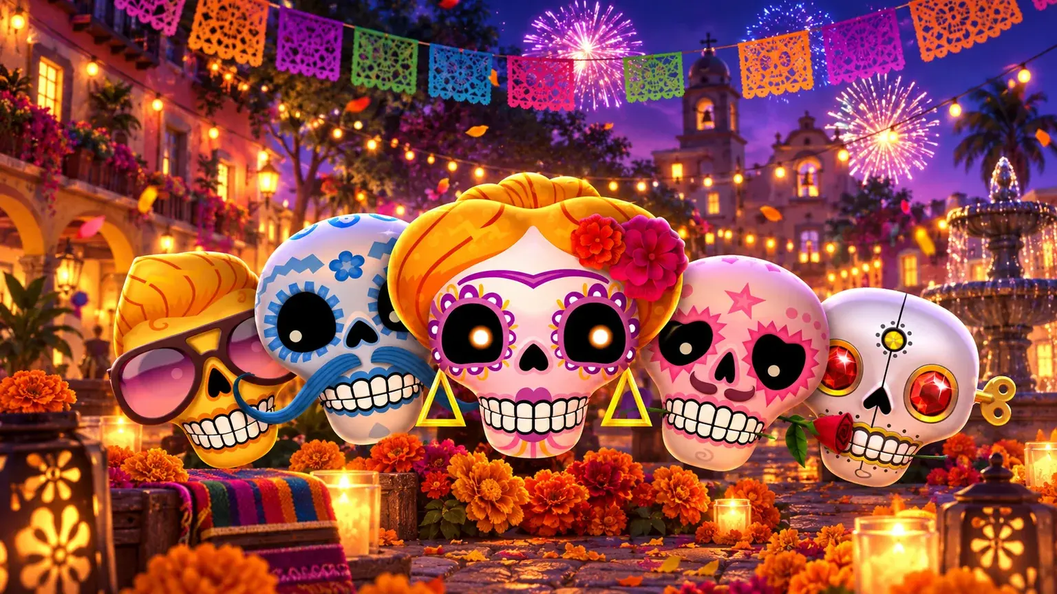 The five original Esqueleto Explosivo 2 skull characters in an illuminated night plaza