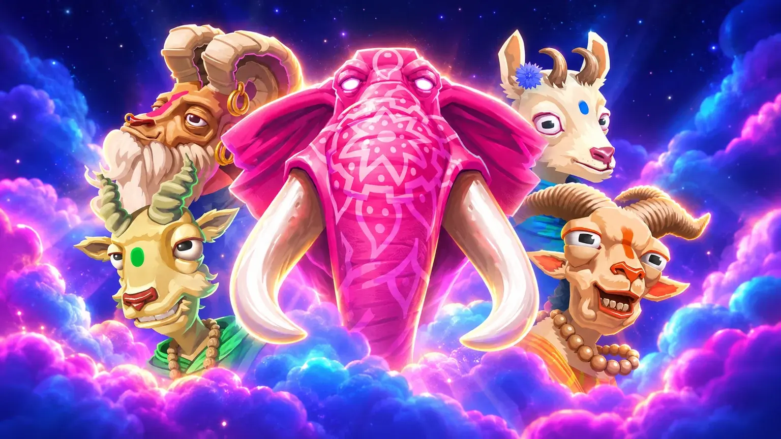Pink Elephants 2’s patterned pink elephant and original horned animal characters