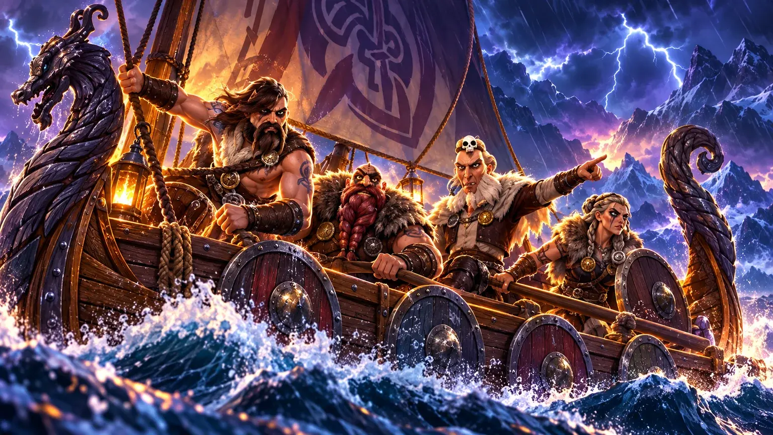 The four original Vikings Go Berzerk characters aboard their dragon-prow ship