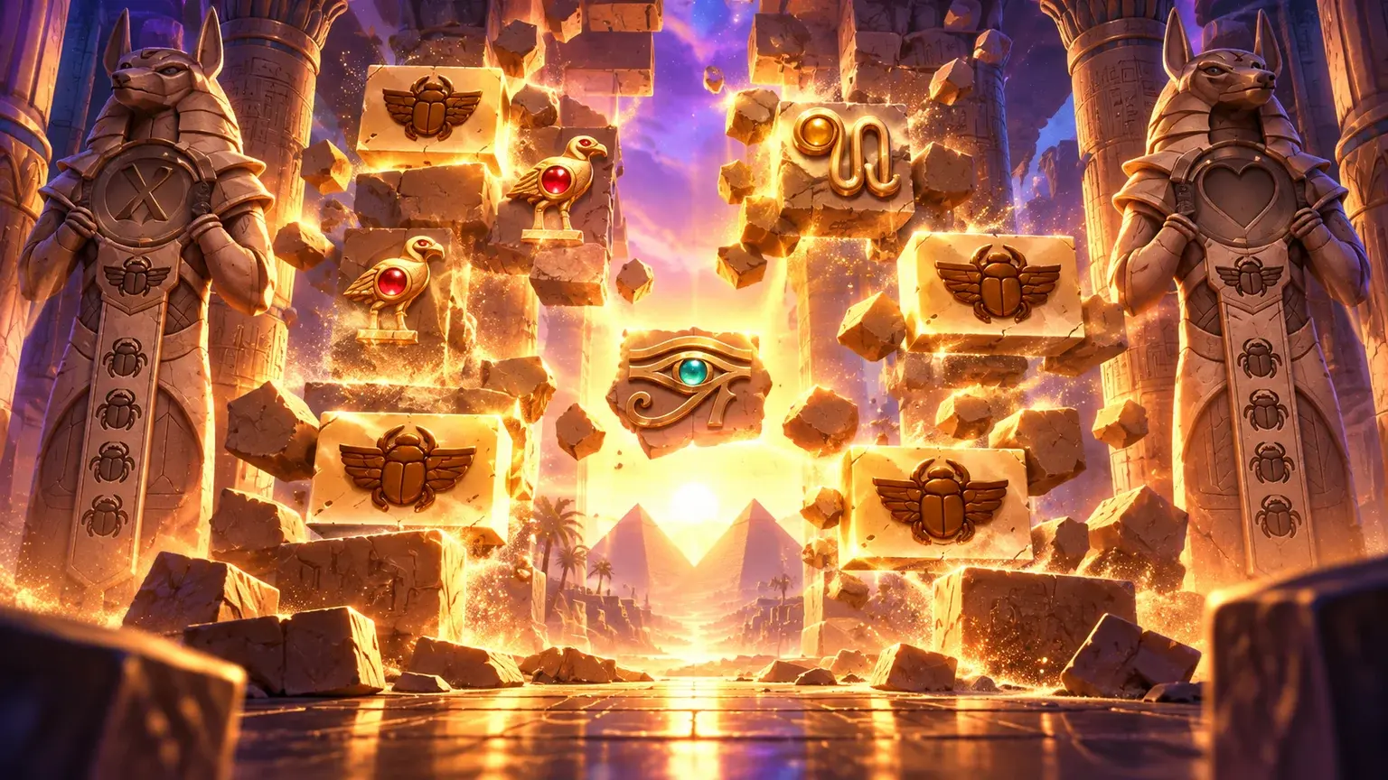 Valley of the Gods’ stone guardians, scarabs and carved symbols around opening blocks